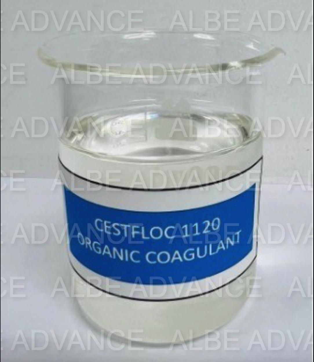 a beaker filled up with organic coagulant by Albe Advance Malaysia